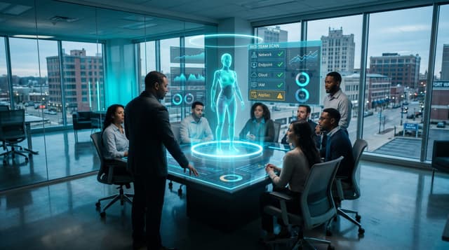 Fort Wayne security team running adversarial probes against a holographic AI Employee inside a protective gateway before granting it client-data access