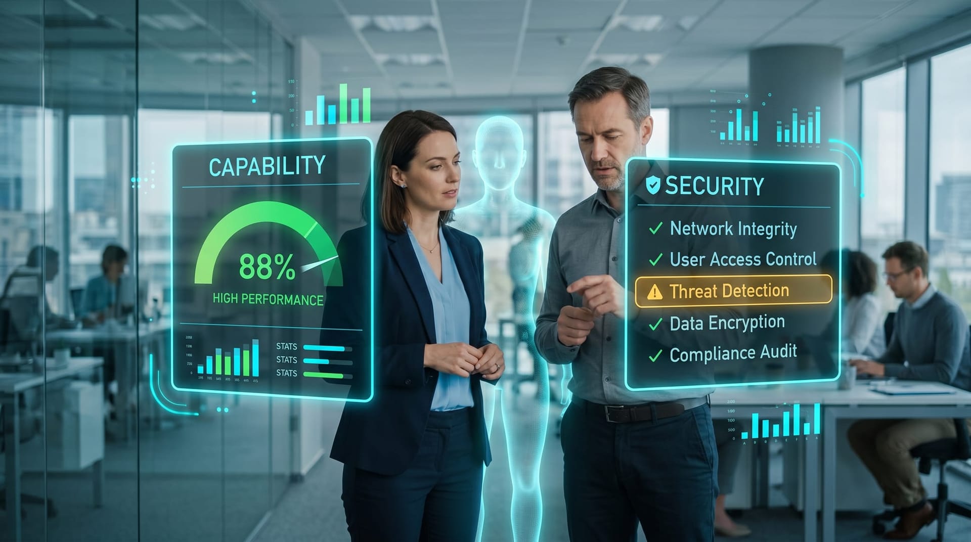 Two colleagues comparing a capability test and a separate security test of an AI Employee shown side by side on cyan holographic panels