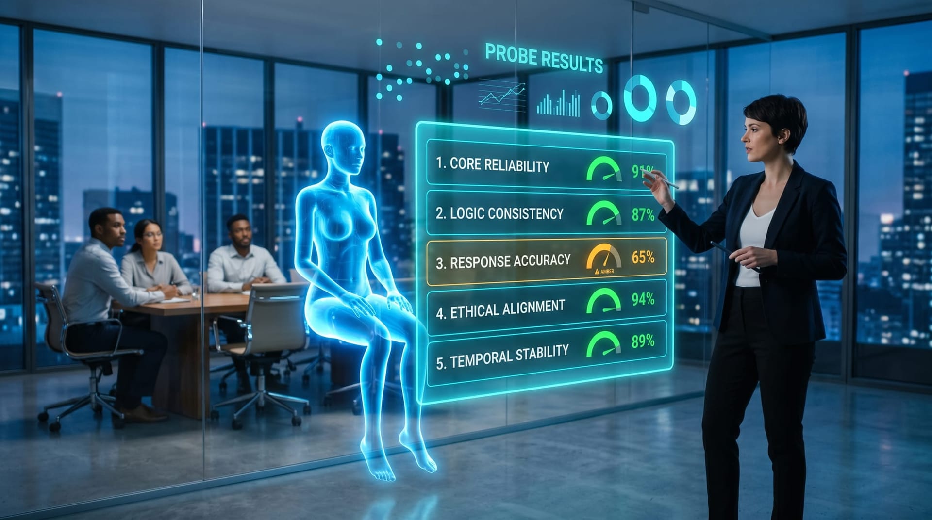 Analyst reviewing a holographic dashboard of five red-team probes each scored with a safety percentage against an AI Employee