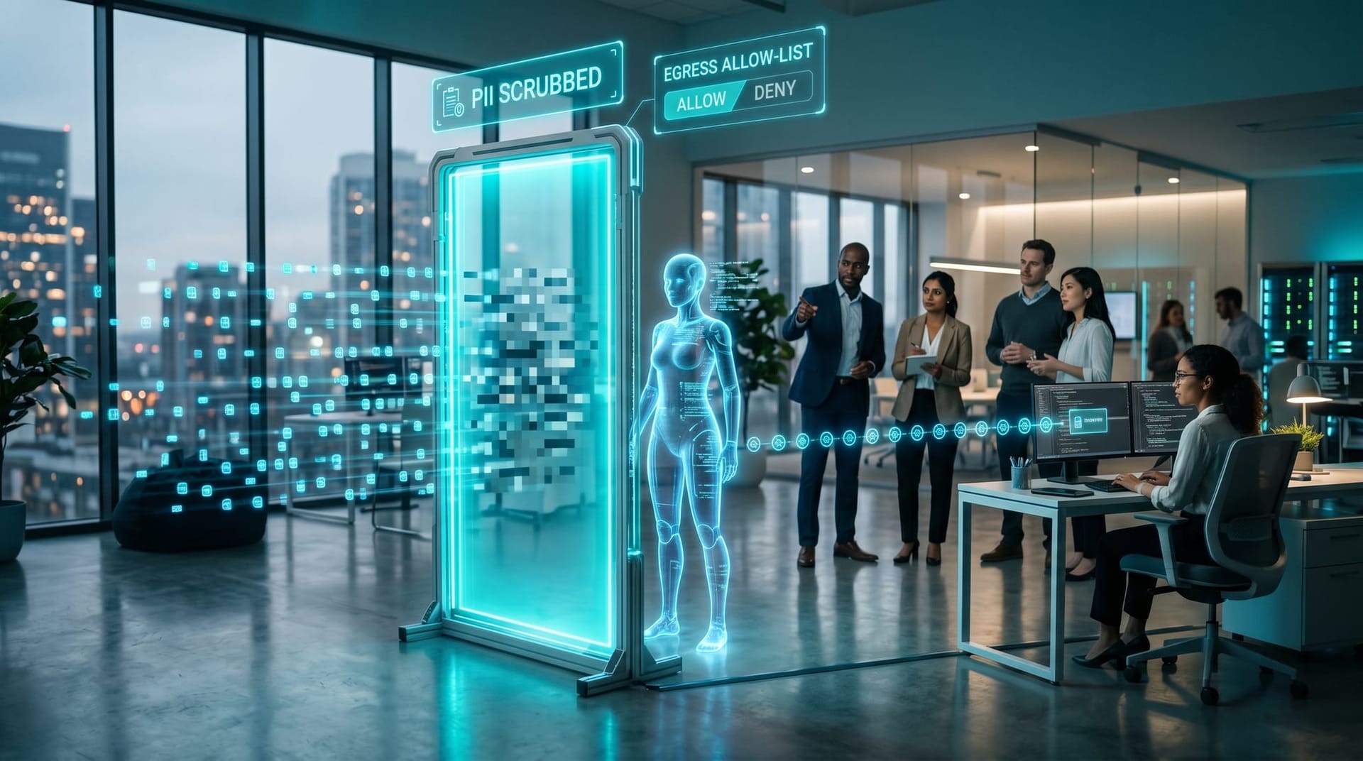 Holographic Secure AI Gateway layer sitting outside an AI Employee, scrubbing data and routing risky actions to a human checkpoint
