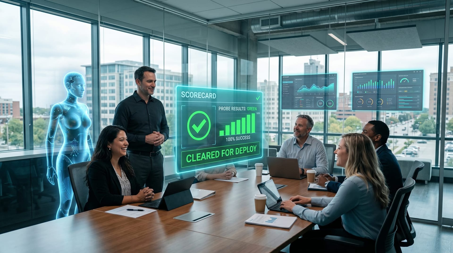Northeast Indiana professional-services team confidently approving an AI Employee for client work after a clean red-team scorecard in a Fort Wayne office