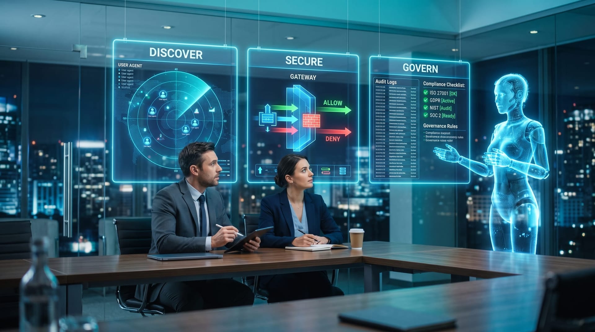Three glowing holographic panels labeled Discover, Secure and Govern illustrating an AI agent governance platform for regulated industries