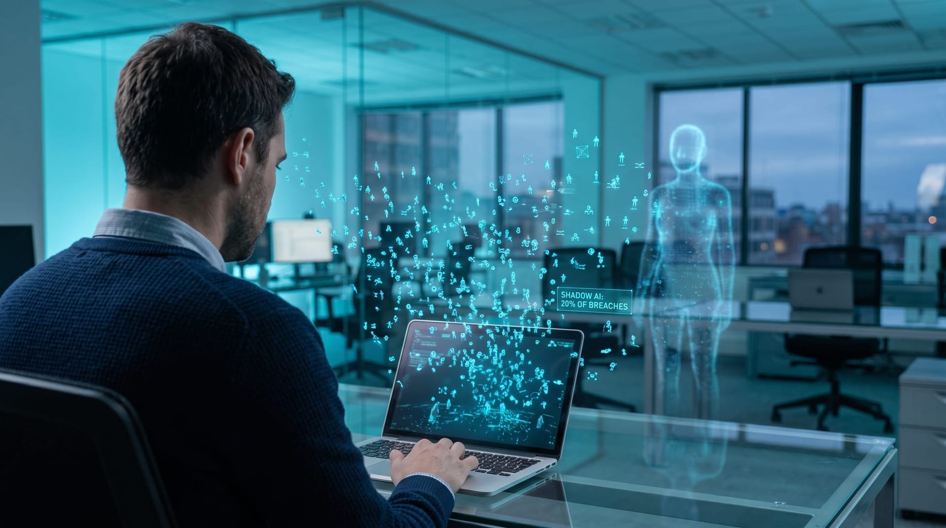 Employee at a desk unknowingly connecting an AI agent to company systems while a holographic overlay reveals hidden shadow AI agents spreading