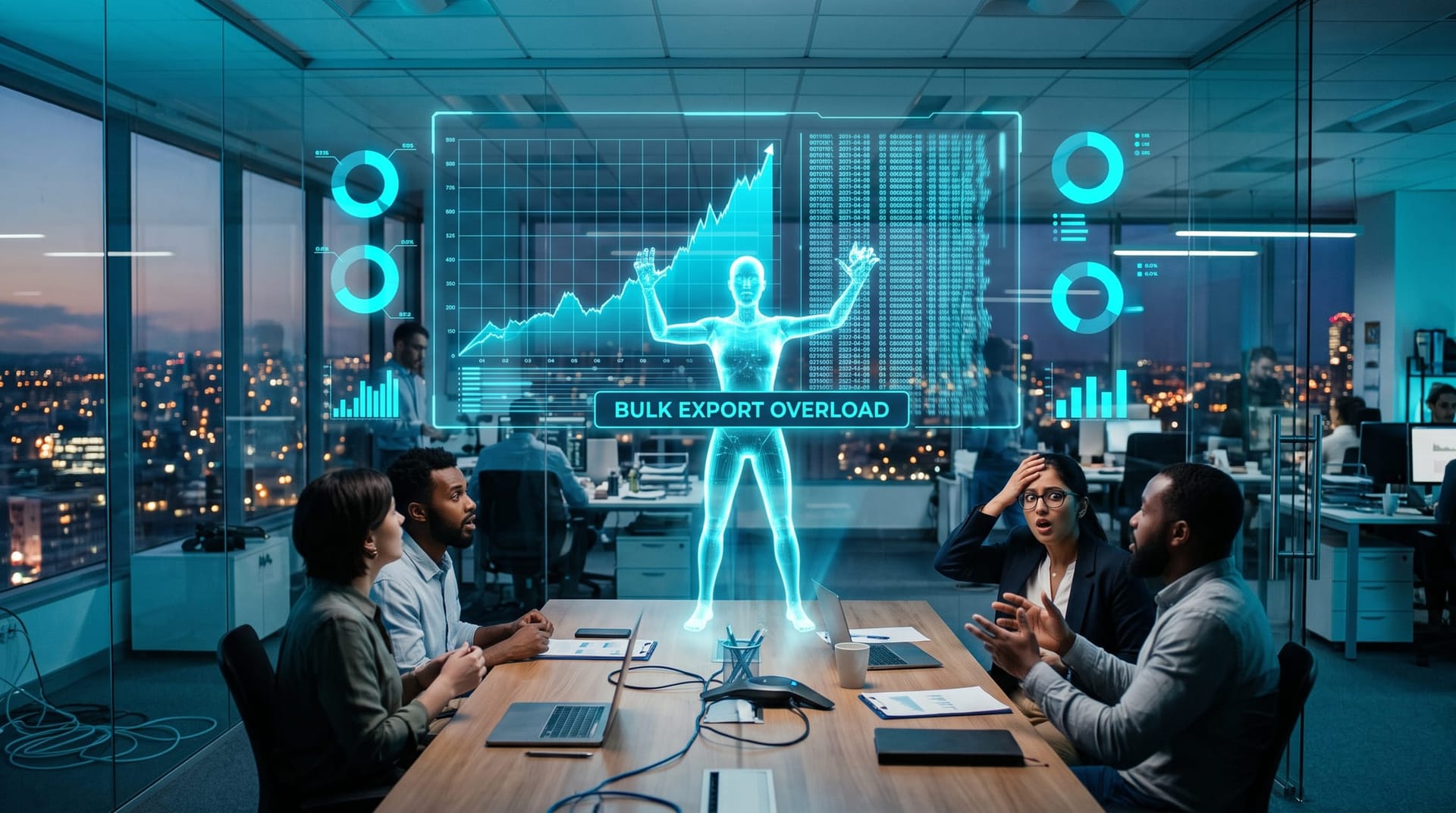 Holographic data dashboard showing a massive database export surge that overwhelmed a business system, illustrating an over-permissioned AI agent