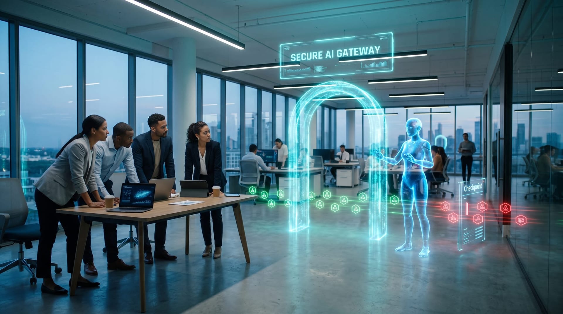 Business team at a secure AI gateway checkpoint where a holographic AI employee routes agent tool calls through least-privilege policy controls