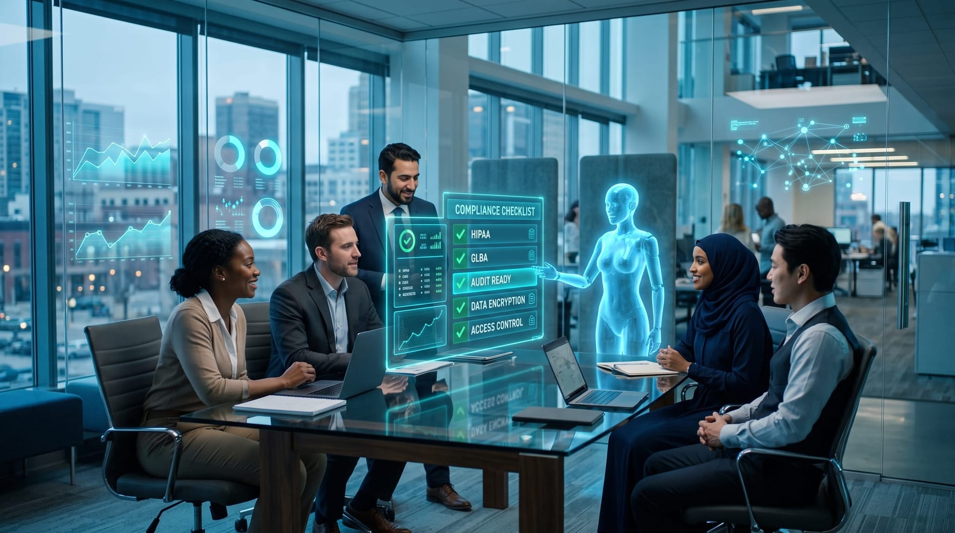 Northeast Indiana regulated firm team reviewing a holographic compliance audit trail mapped to HIPAA, GLBA and Indiana breach-notification frameworks