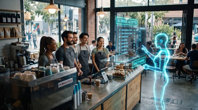 Restaurant staff and a cyan holographic AI Employee reviewing incoming ChatGPT orders on a floating menu panel above a Fort Wayne café counter.