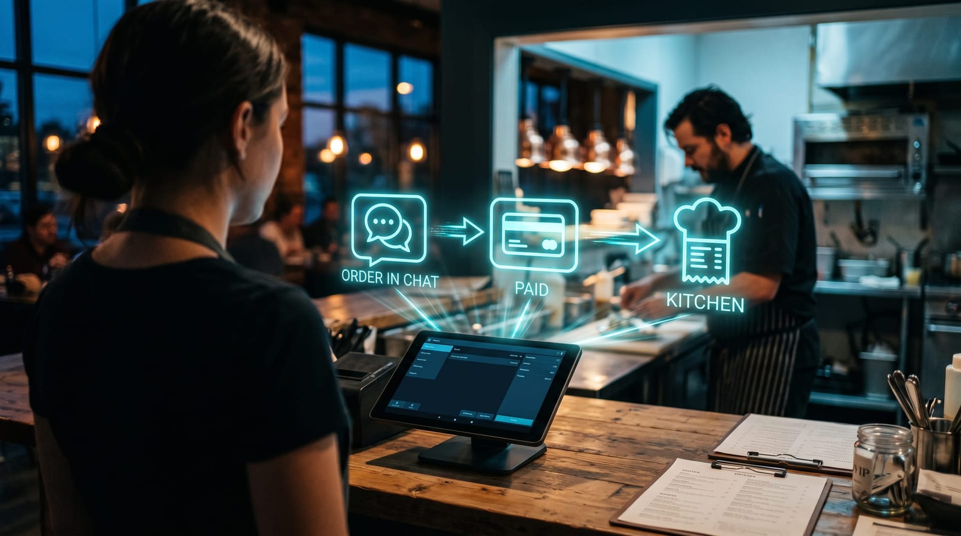 Holographic order flow from a chat bubble through payment to a restaurant kitchen display, shown floating above a Square-style point of sale counter.