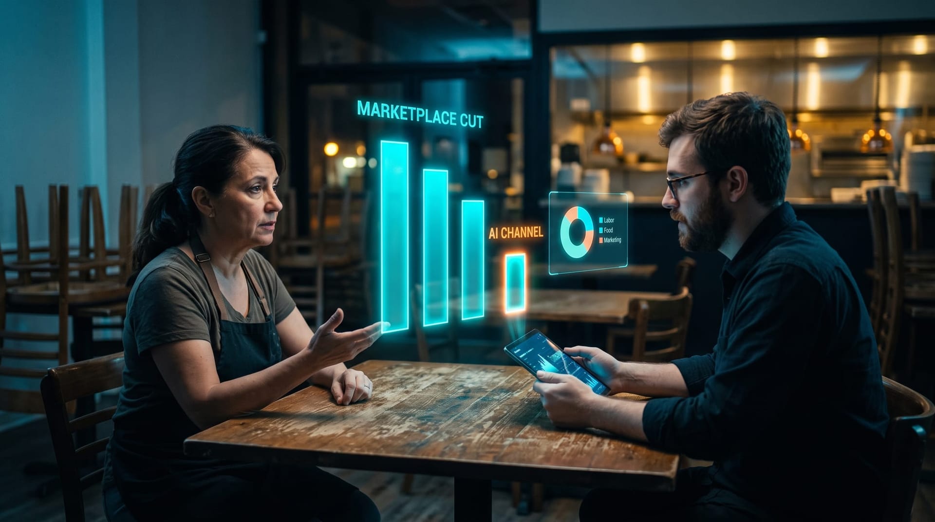 Café owner comparing delivery-app commission bars against a low AI-channel fee on a cyan holographic chart floating over a restaurant table.