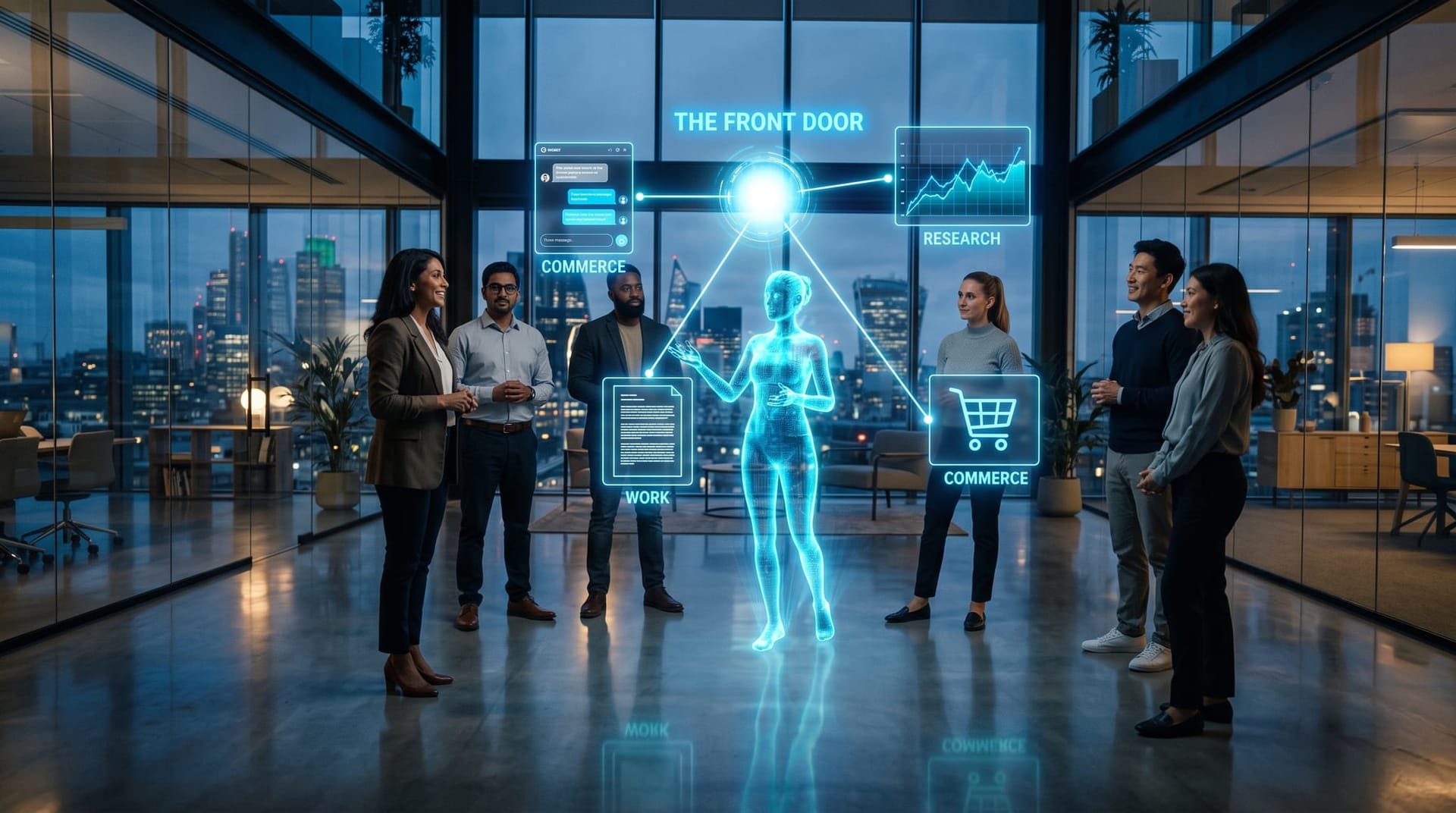 Diverse business team watching a cyan AI avatar present a super-app hub hologram linking chat, work, and commerce panels in a glass office.