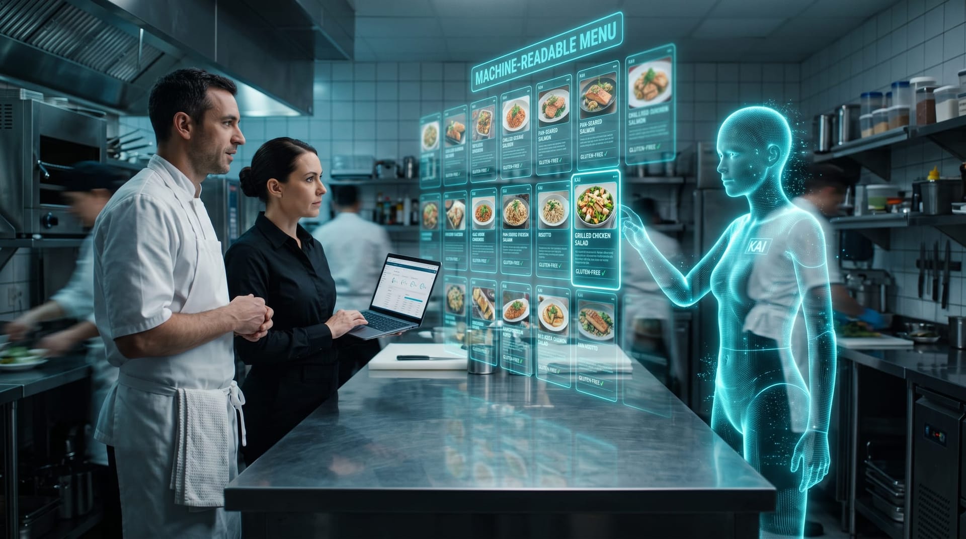 Chef and manager updating machine-readable menu data as a cyan holographic AI avatar highlights dish descriptions on floating structured panels.