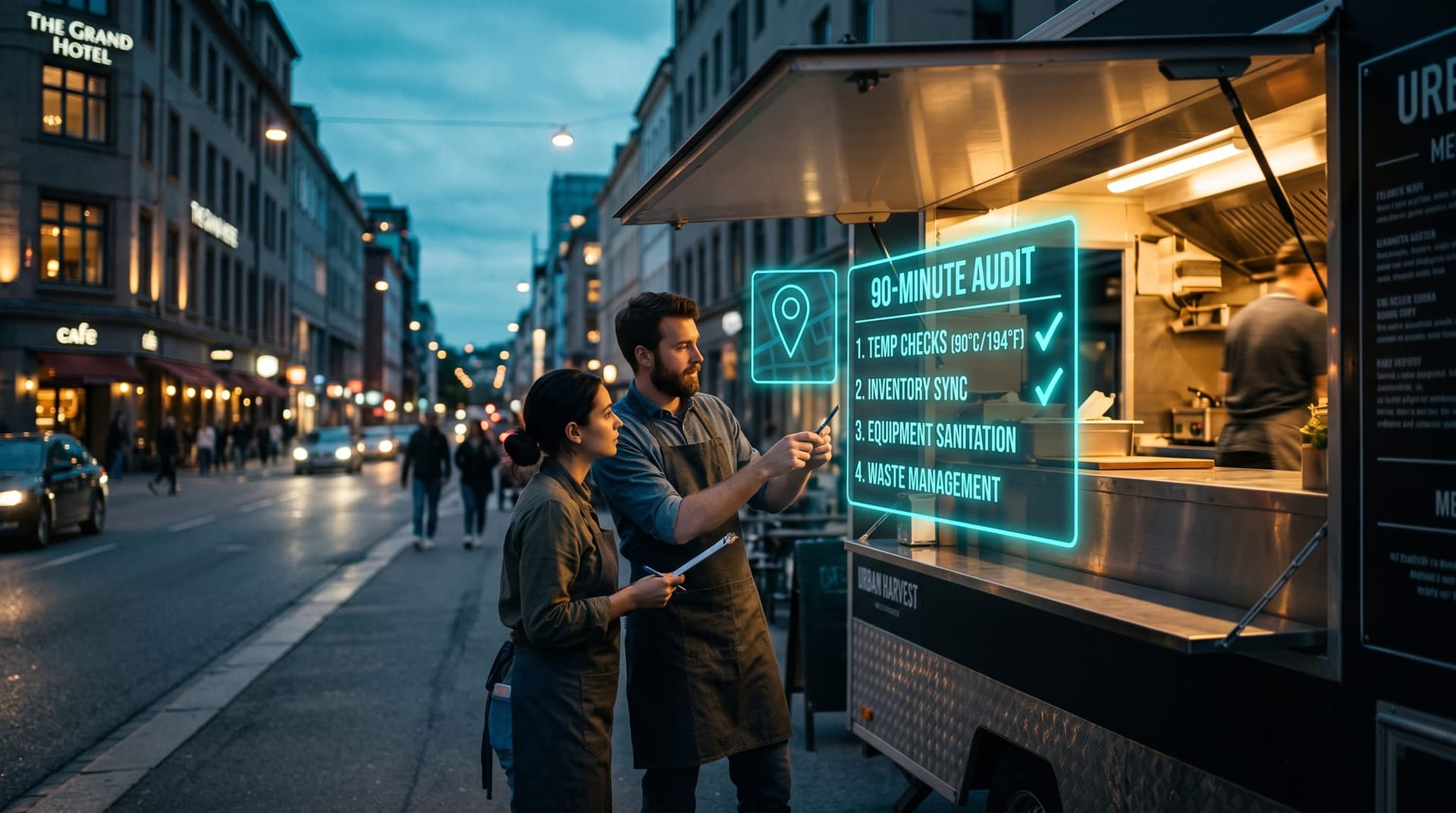 Food truck crew at dusk checking a glowing cyan holographic audit checklist for AI ordering readiness beside their downtown Fort Wayne service window.