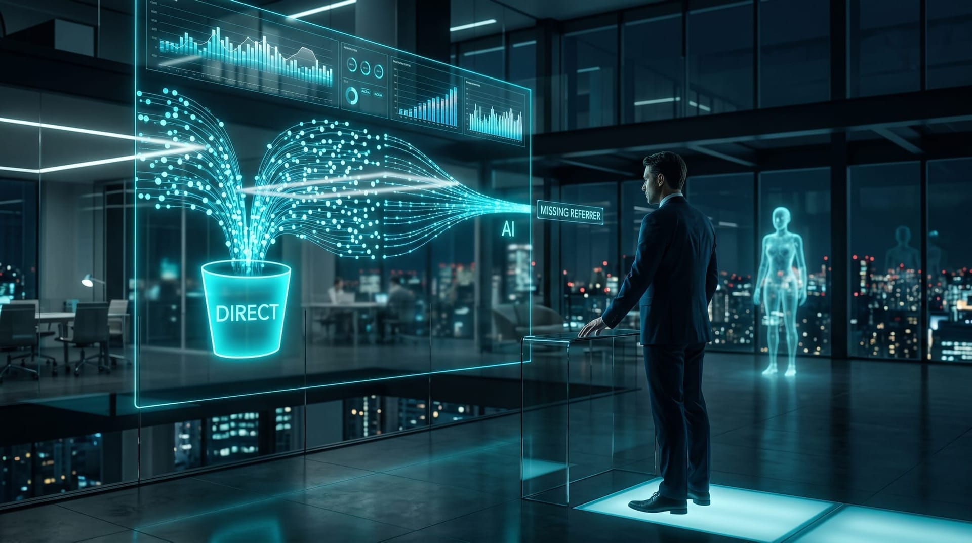 Analyst watching most AI-referred visits vanish into a glowing 'direct' bucket on a holographic attribution panel, illustrating the measurement gap