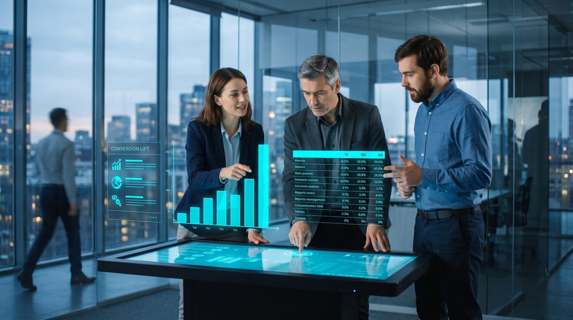 Colleagues comparing conversion-rate bar charts across channels on floating cyan holographic panels showing AI traffic outperforming other sources