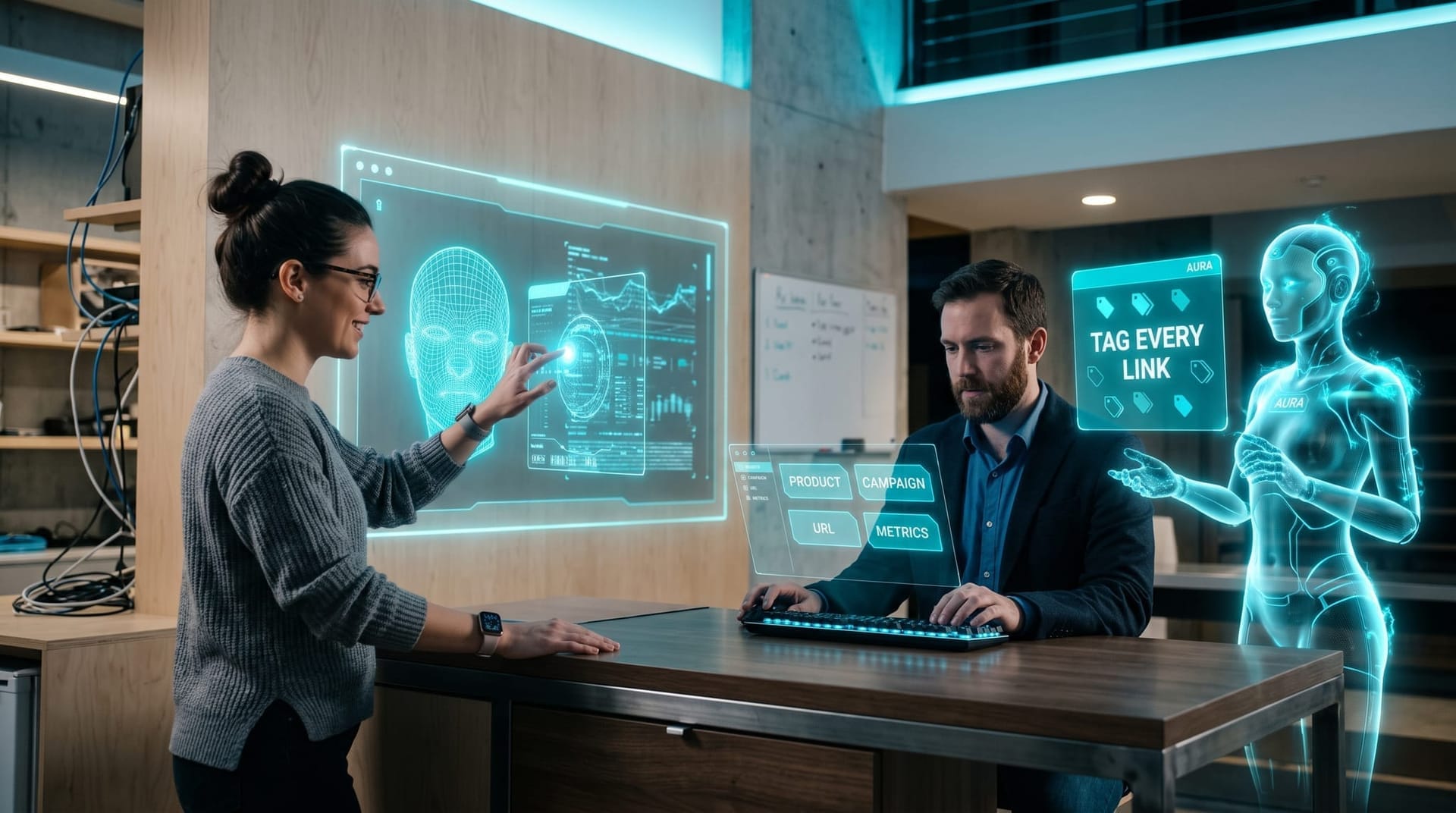 Small retail team setting up UTM tags and a custom AI channel on holographic screens while a shopper answers a how-did-you-hear-about-us prompt