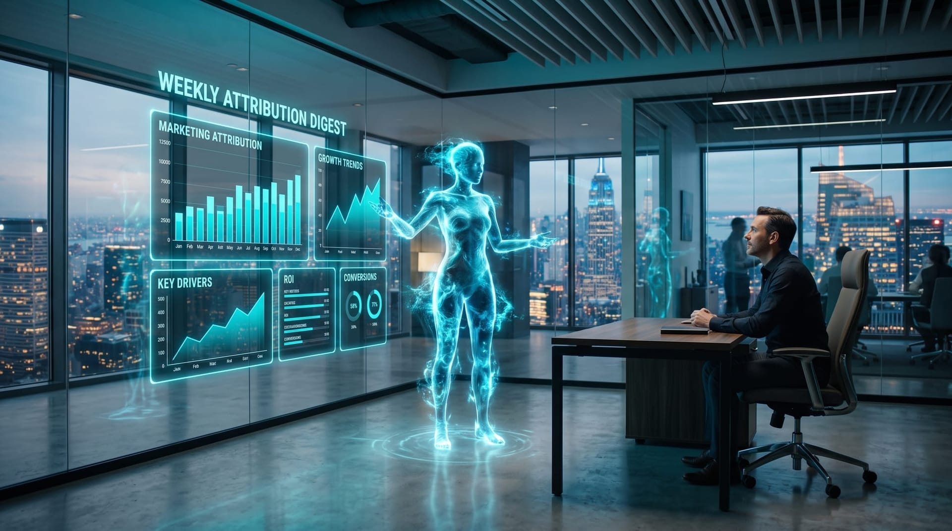 Translucent AI Employee avatar delivering an automated weekly attribution digest on floating panels to a business owner in a cool blue office