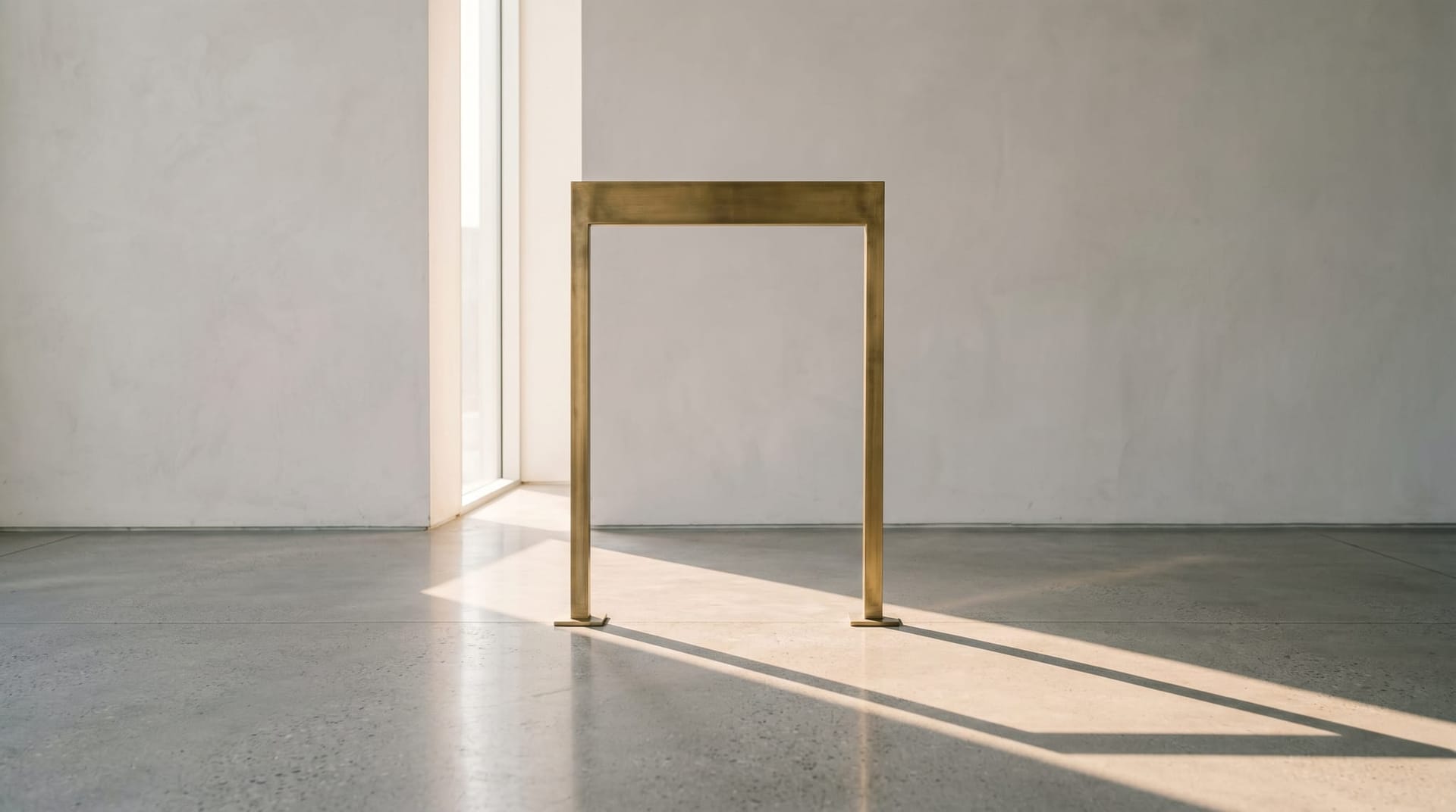 A single narrow brushed-brass freestanding archway gate centered on a polished concrete floor with diffuse warm light passing through, representing the Secure AI Gateway as a single egress chokepoint.