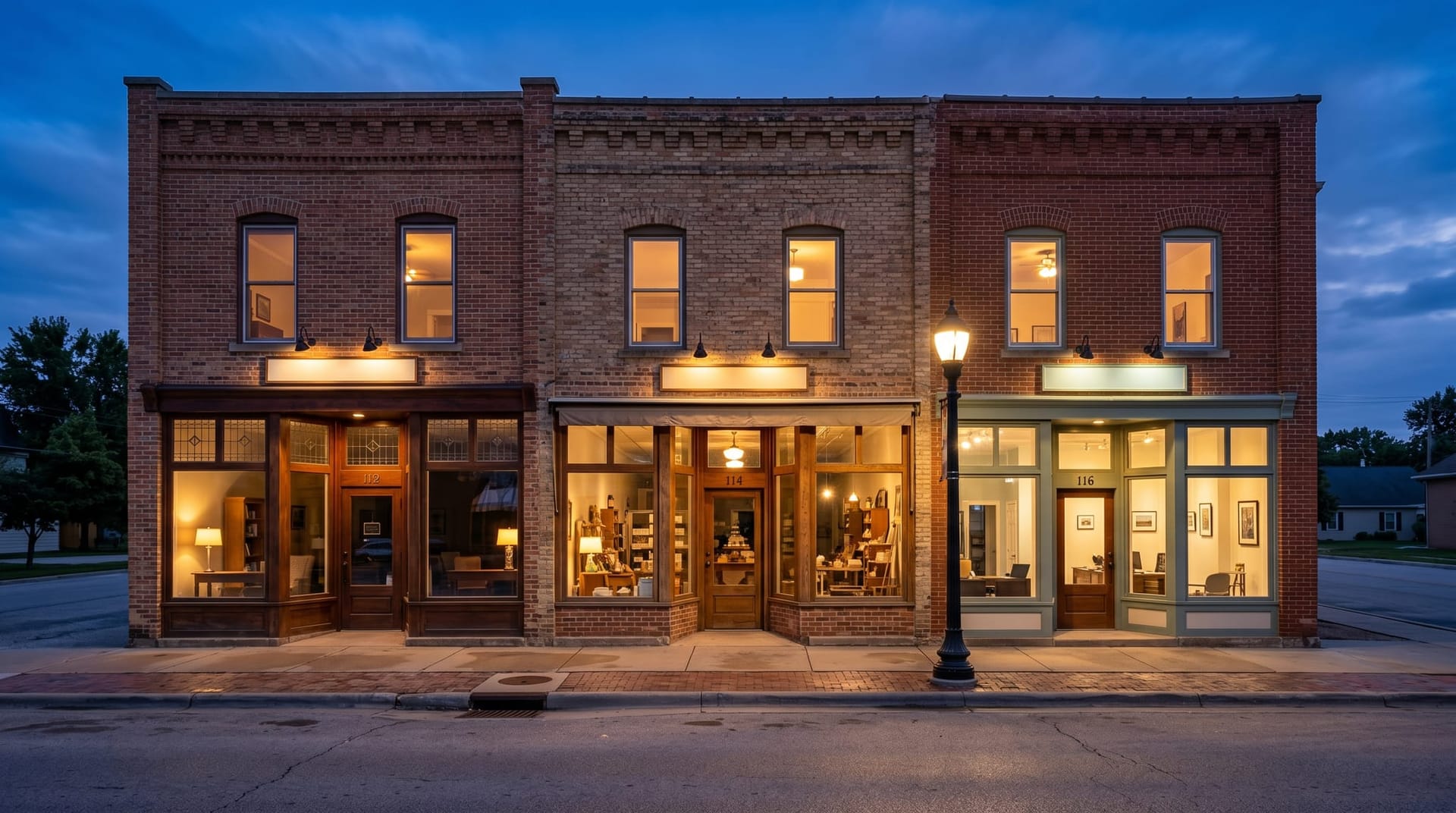 A small Northeast Indiana commercial street at dusk with three lit office storefronts in a row, conveying a Fort Wayne web agency, an Auburn manufacturer app team, and a healthcare SaaS office running Shai-Hulud incident response.