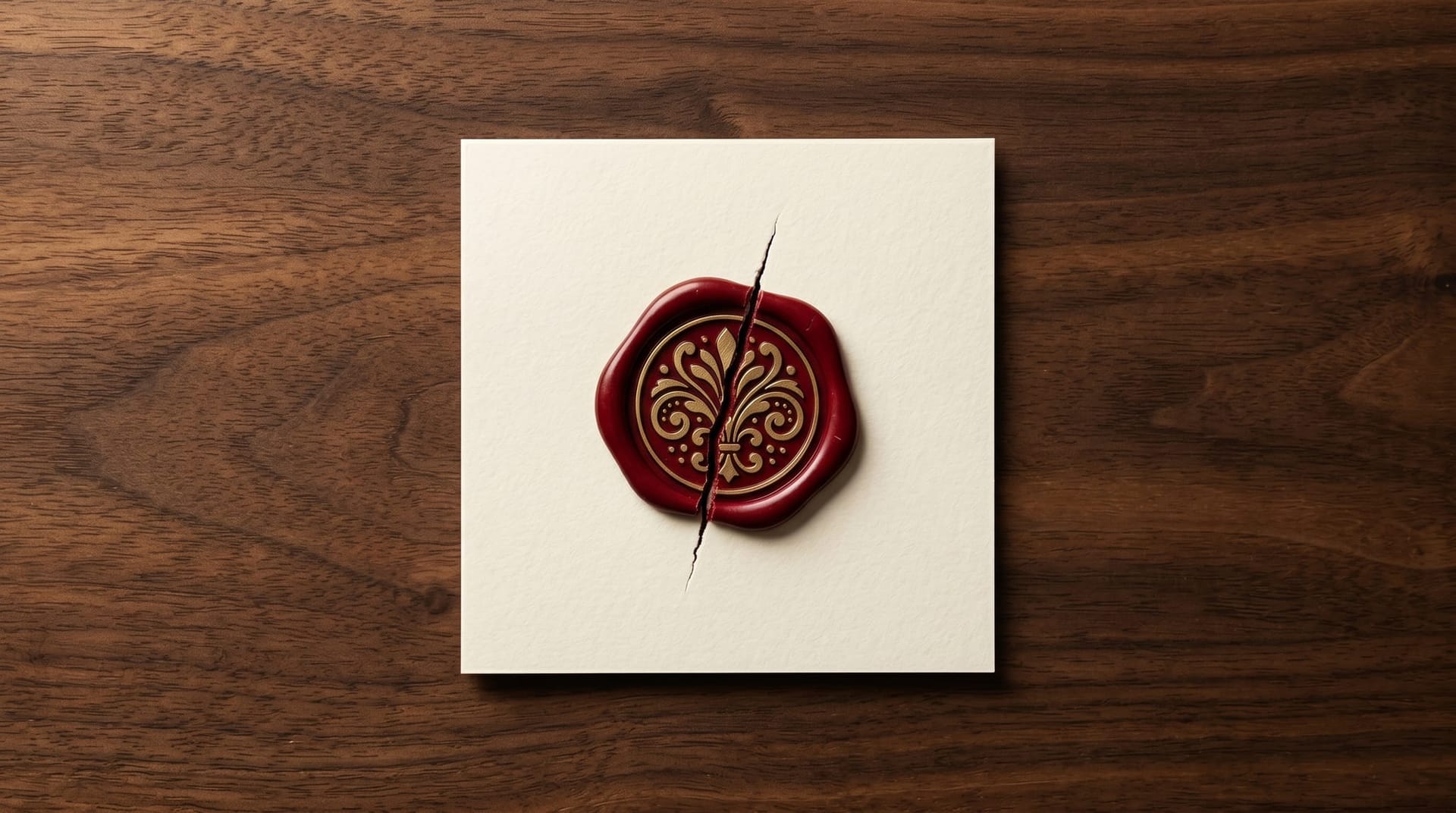 An overhead flat-lay of a single brushed-brass wax seal stamped onto cream paper with the wax cracked through the middle, evoking a valid-but-compromised software provenance signature.
