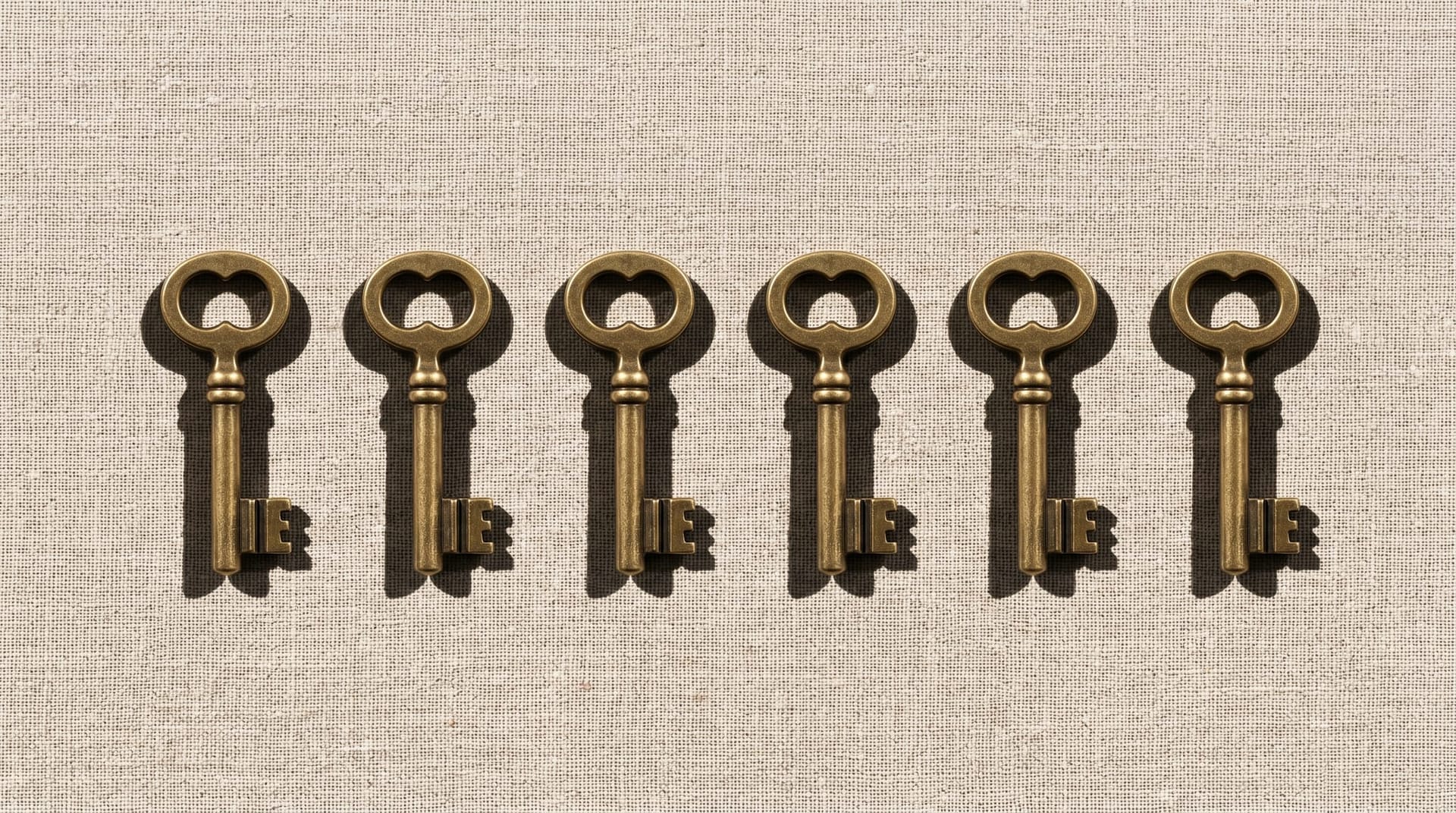 Six small brushed-brass keys arranged in a horizontal row on a clean linen cloth, representing the six sequential steps of the Shai-Hulud incident response action plan.