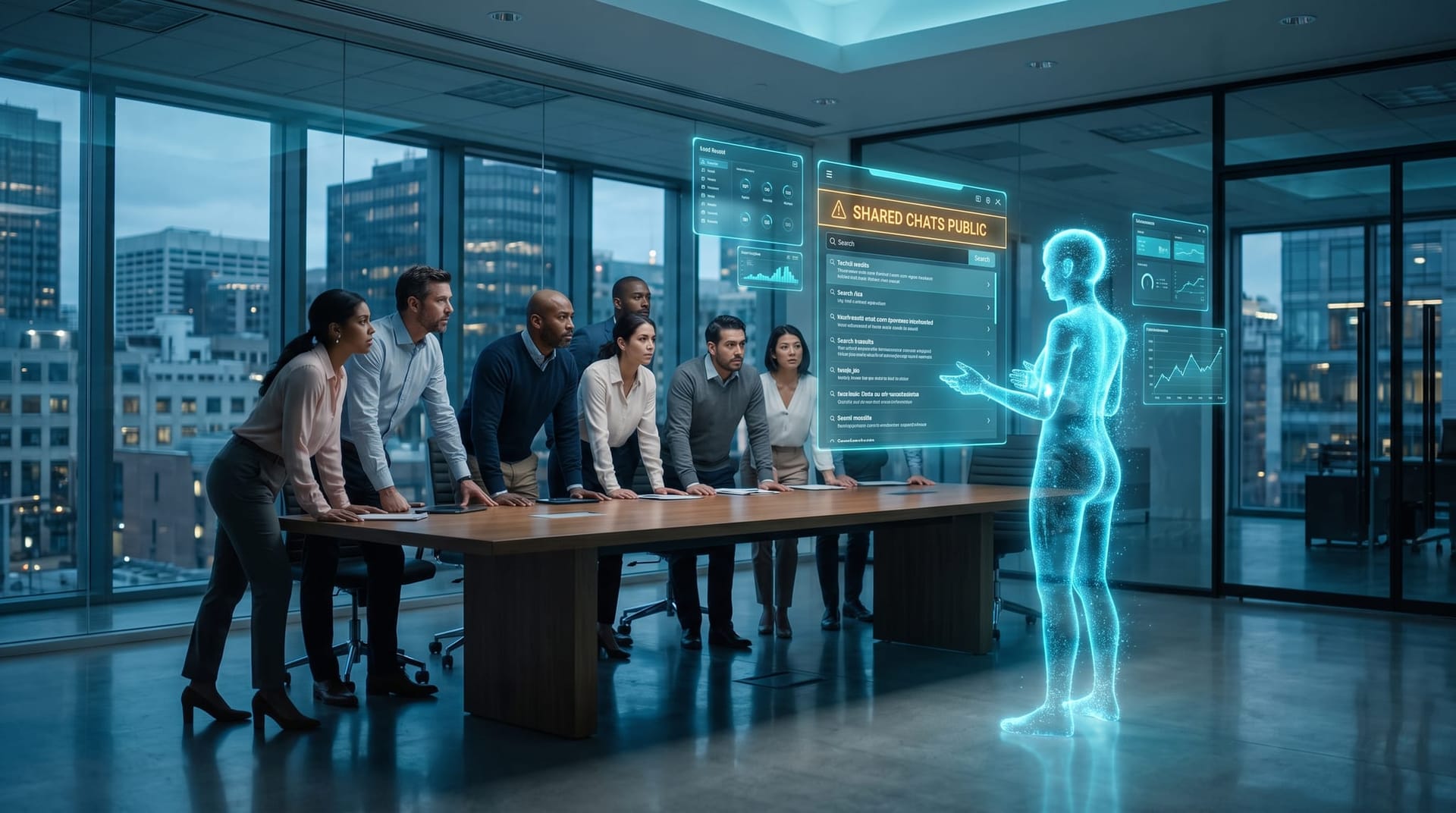 Professional-services team in a glass-walled office reacting to a shadow AI exposure alert as shared AI conversation links surface in a public search index