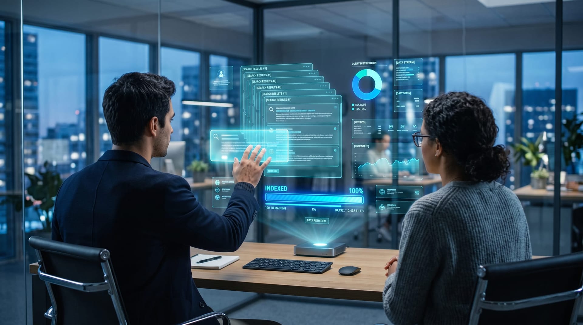 Holographic search-results index floating above a desk showing shared AI conversation pages being crawled and made publicly searchable
