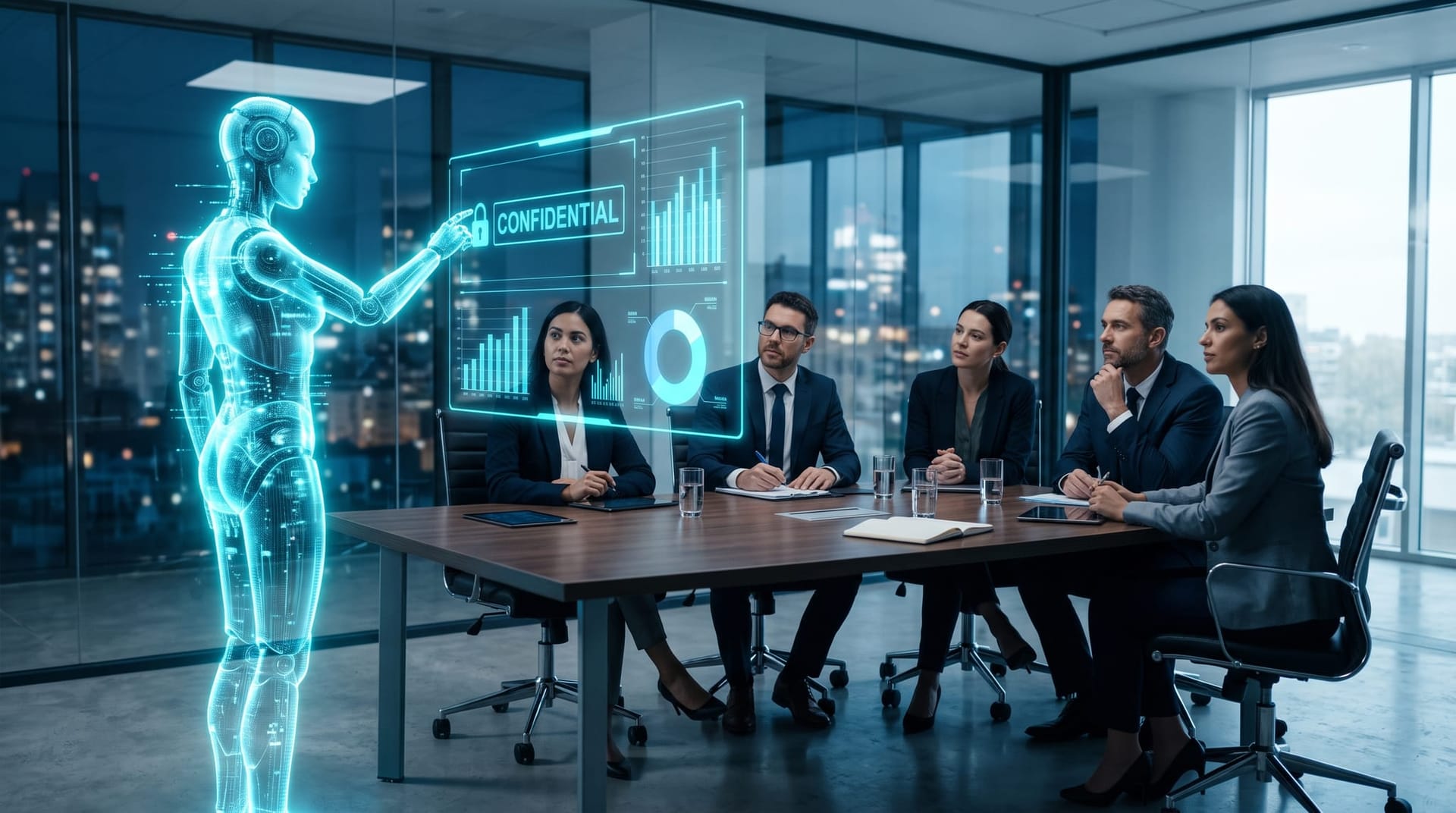 Northeast Indiana professional-services office where a translucent AI avatar highlights confidentiality risk on floating holographic panels