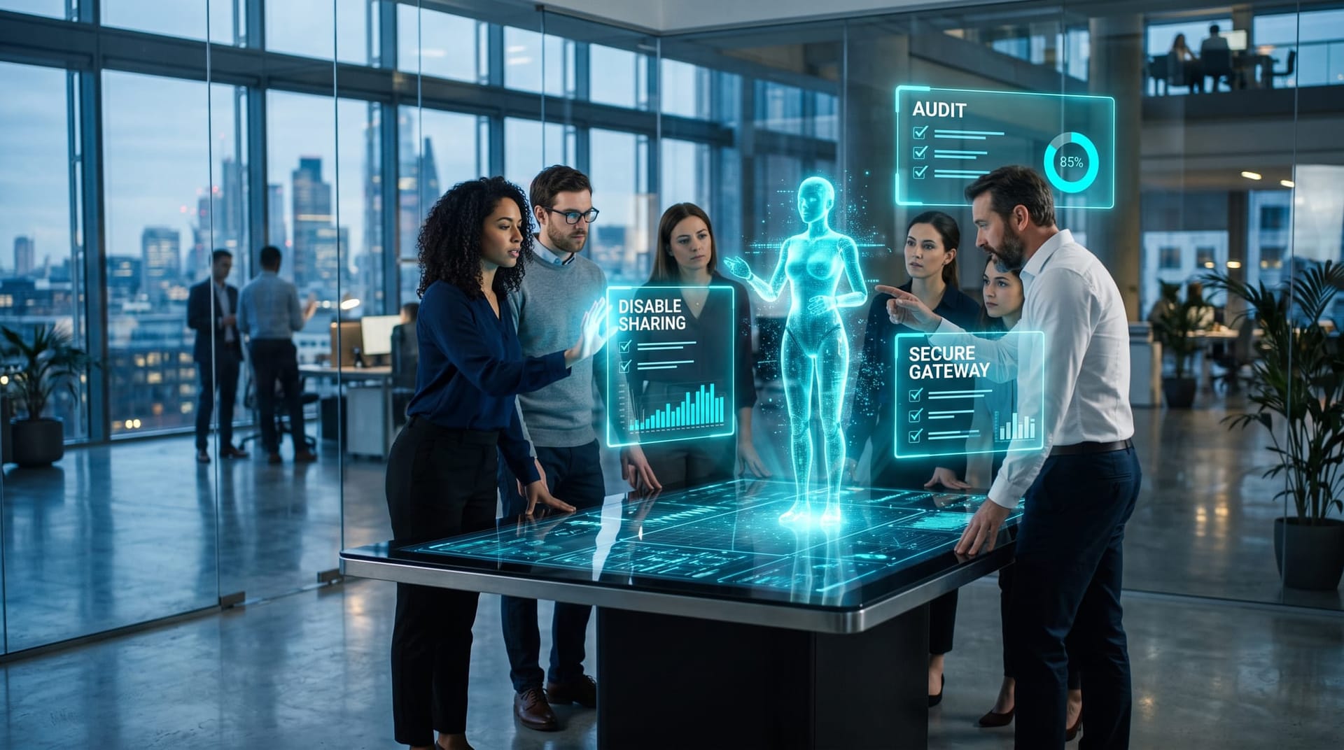 Team walking through a governed AI containment checklist on floating holographic panels showing an audit, disable-sharing, and secure gateway steps