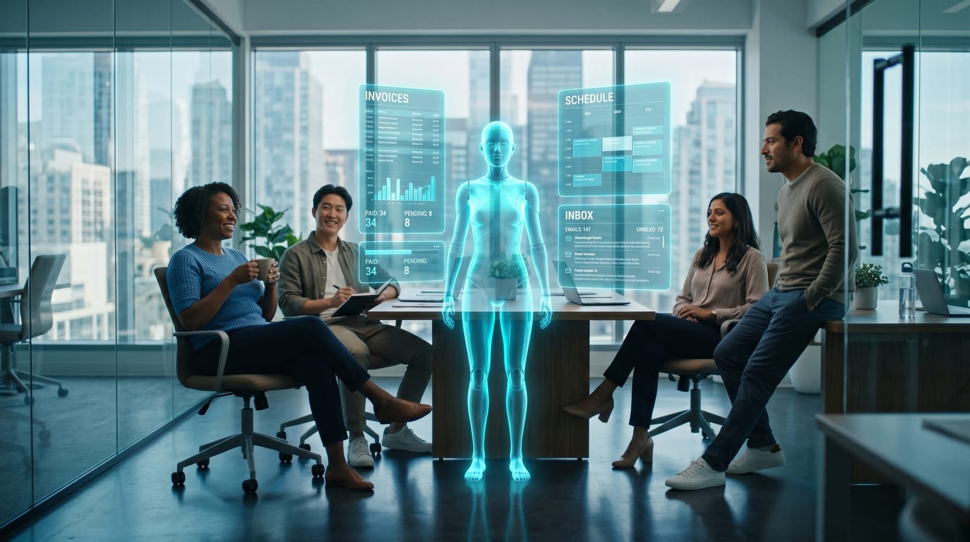 A translucent cyan AI employee handles floating invoicing, scheduling and inbox panels for a small Fort Wayne business team in a bright glass office