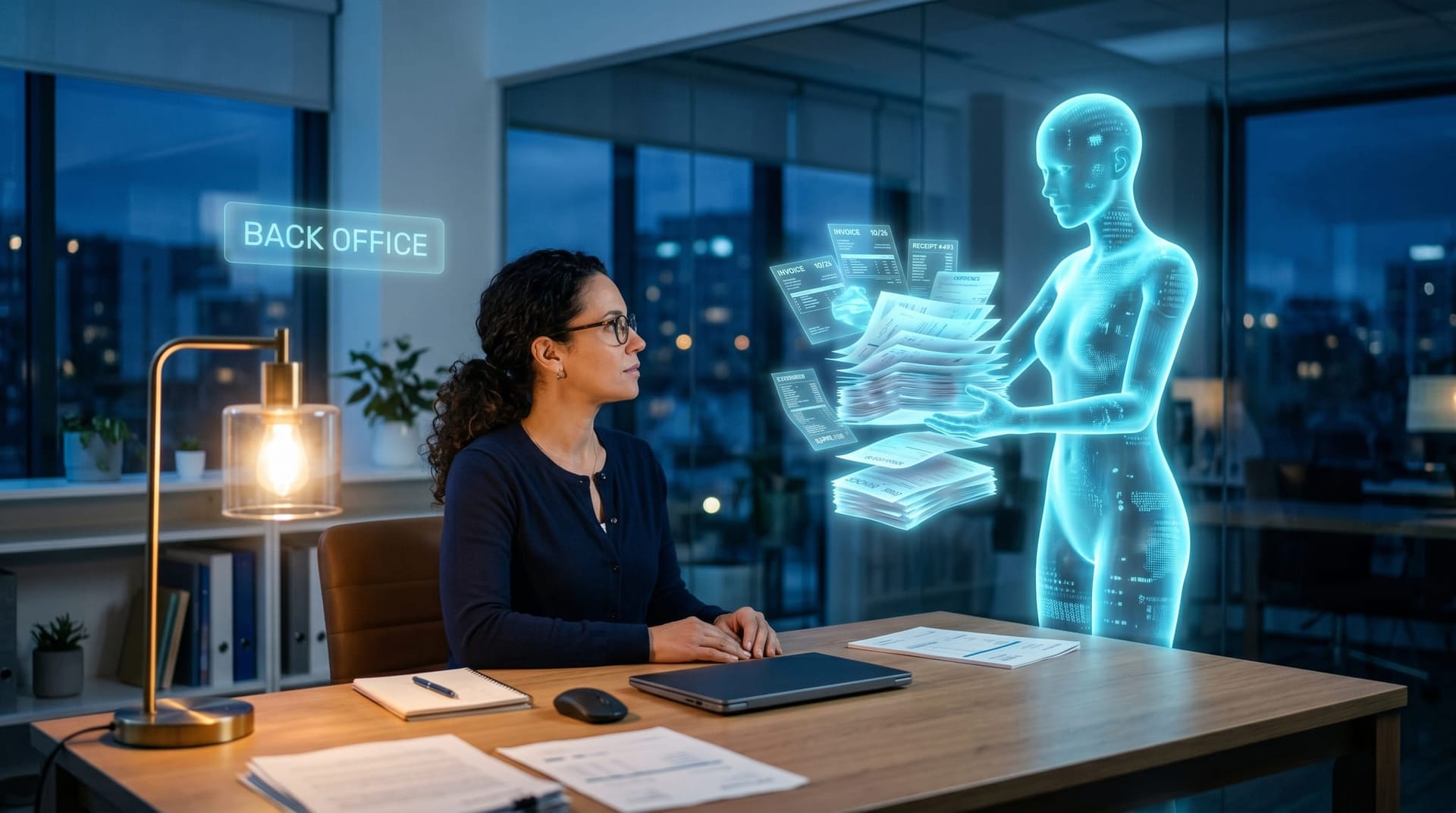 A small business owner at a desk after hours buried in paperwork while a glowing cyan AI figure begins lifting admin tasks away in a glass office