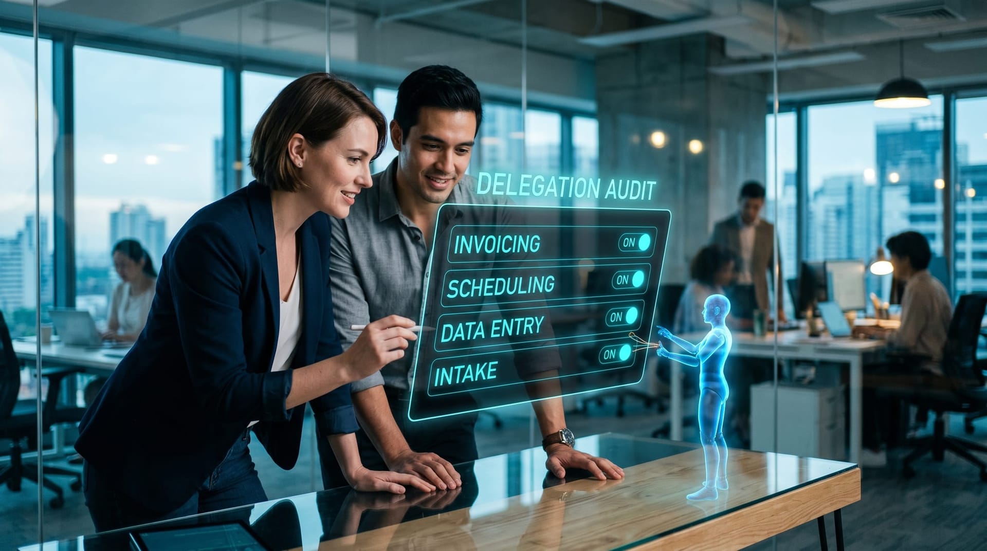 A glowing cyan checklist of back-office tasks rated for delegation readiness floats above a desk as colleagues review it in a modern glass office