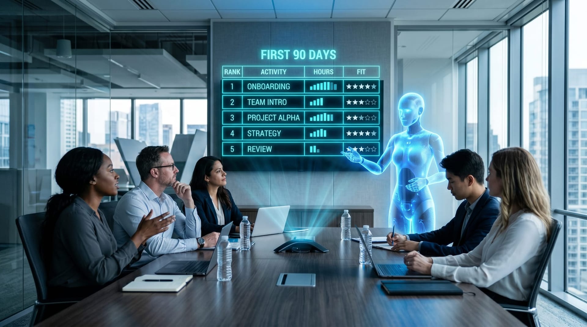 A floating cyan matrix ranking back-office tasks by hours and fit for a first ninety day AI plan above a conference table in a glass office