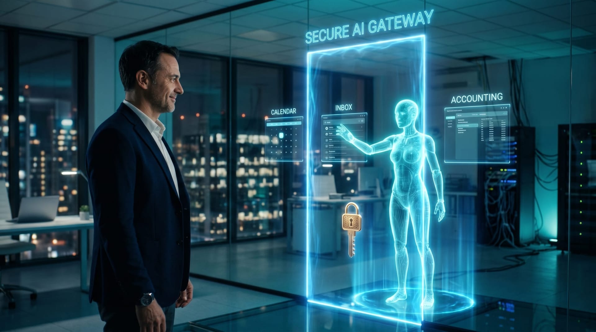 An AI employee reaches business systems through a single glowing cyan gateway boundary that holds the credentials in a secure modern glass office