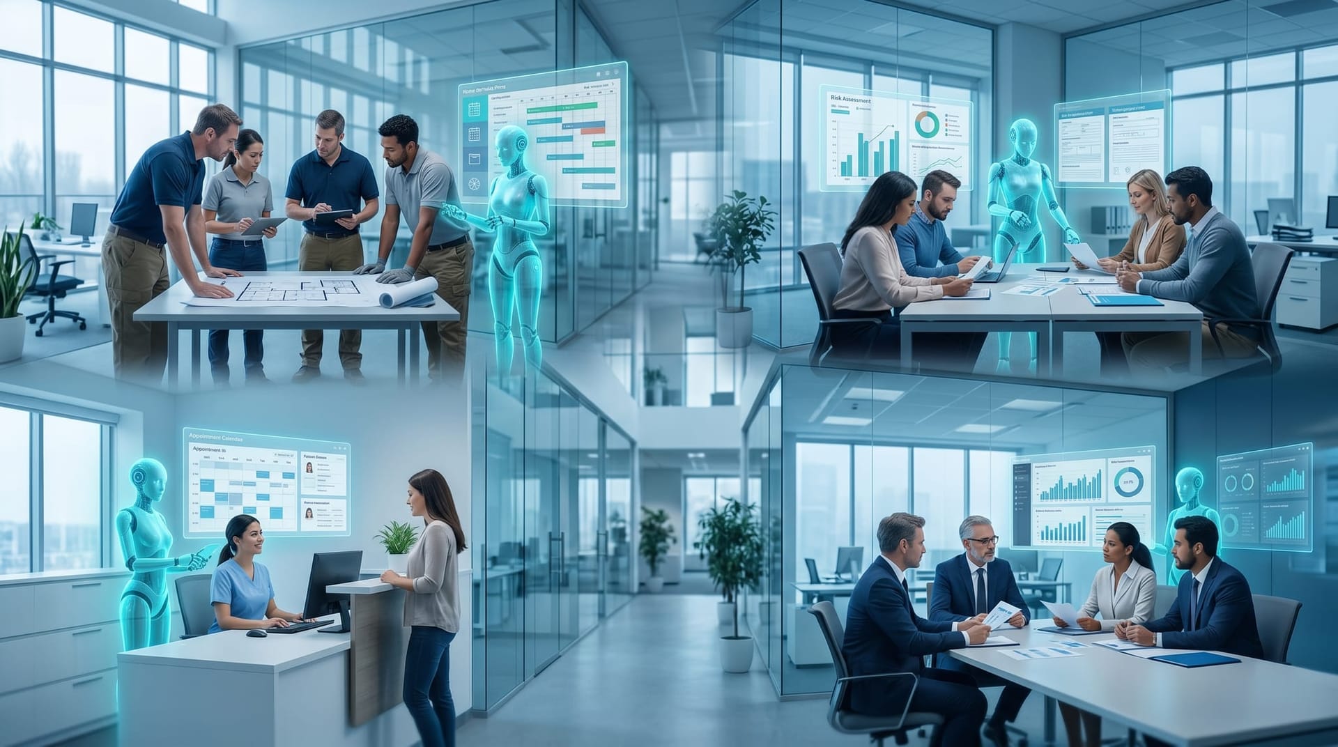 Four different Northeast Indiana small business teams each paired with a glowing cyan AI employee handling their first delegated back-office task