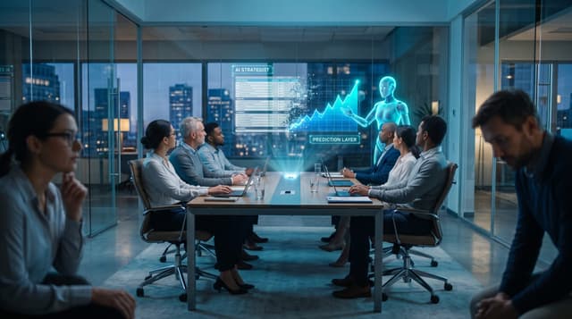 Fort Wayne business team watching a translucent AI employee turn spreadsheet rows into a glowing demand and churn forecast dashboard
