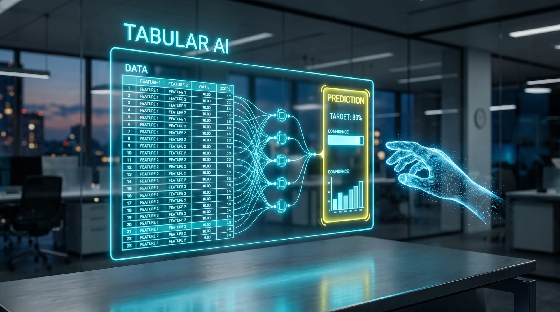 Holographic tabular foundation model reading rows and columns of business data and outputting a single prediction column in a cyan interface