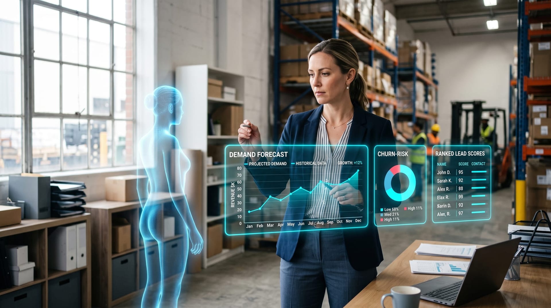 Small business operations manager reviewing AI churn risk and demand forecast predictions on floating cyan panels in a warehouse office