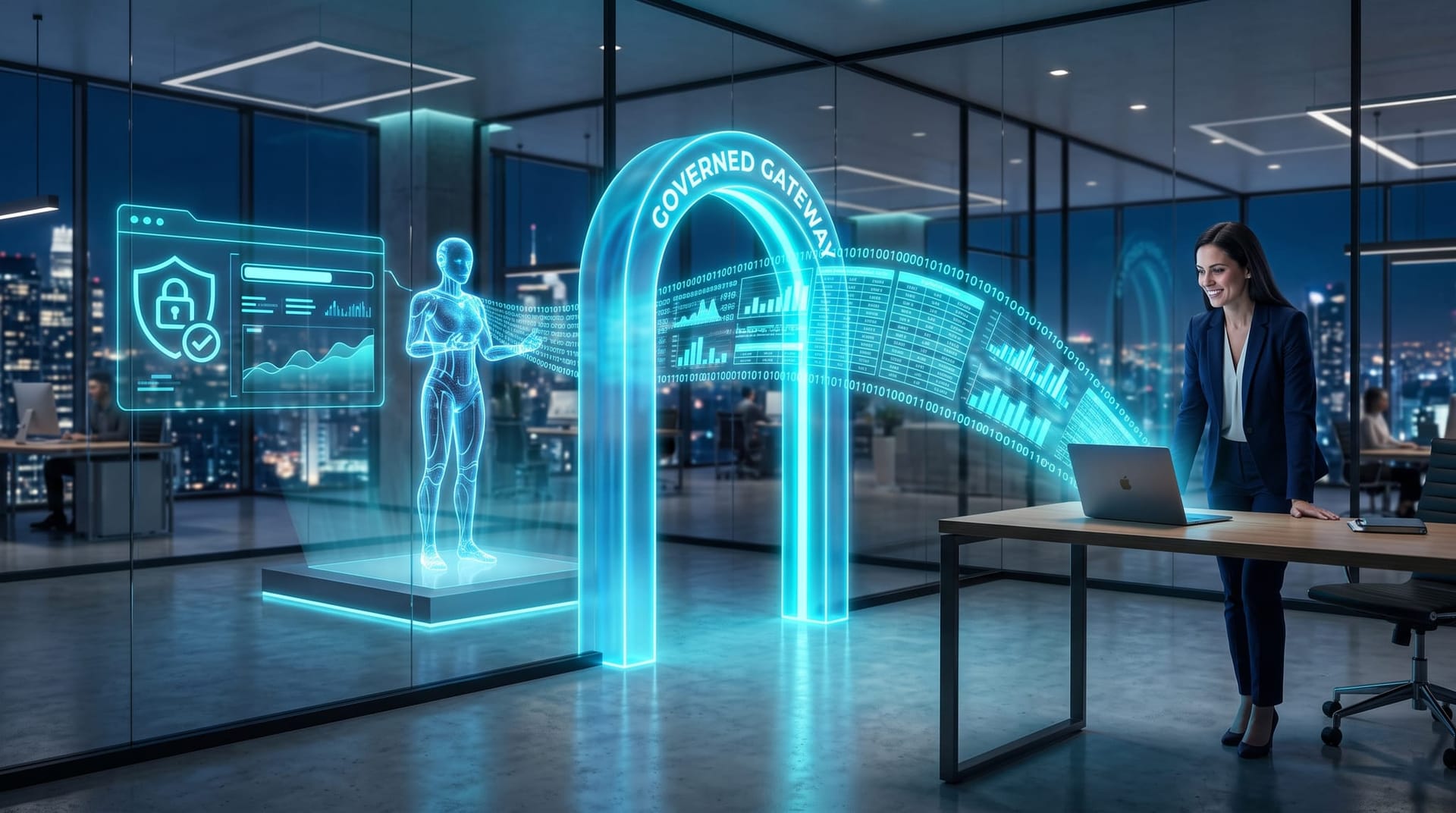 Business data flowing through a secure glowing gateway to a governed AI employee instead of an open public model, cyan security overlay
