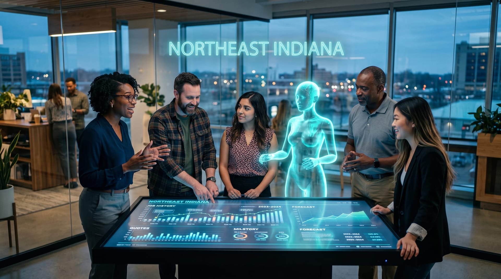 Fort Wayne home services and manufacturing team collaborating with a holographic AI employee over years of job and quote log data