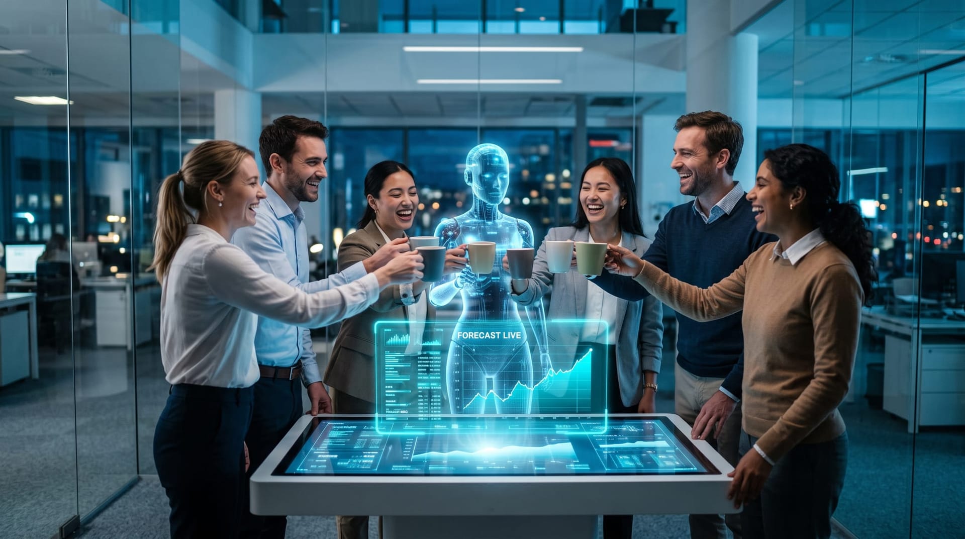 Diverse team toasting coffee cups beside a holographic AI employee as a first predictive forecast goes live on a cyan dashboard