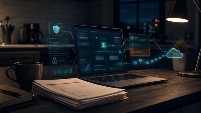 An open laptop on a kitchen table at night with a coffee mug and a stack of patient intake forms in soft focus, depicting citizen-developer vibe-coded shadow AI apps in Fort Wayne offices.