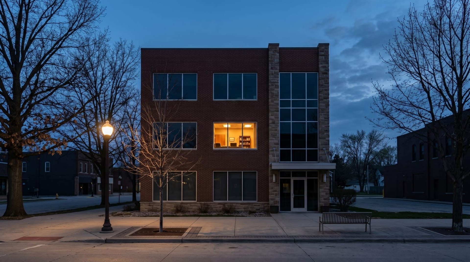 A quiet Fort Wayne mid-market office building exterior at dusk with one warmly lit window on an upper floor, depicting the lean-IT mid-market environment where vibe-coded shadow AI thrives.