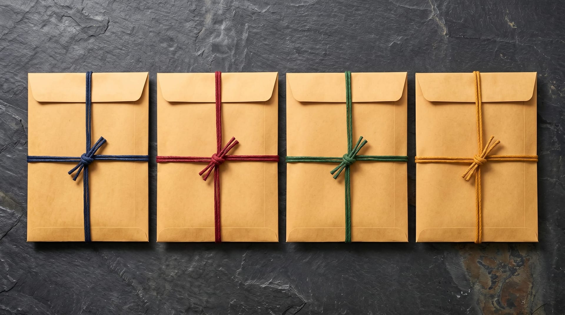 Four sealed manila document envelopes arranged in a row on dark slate, each bound with a different color of cord, depicting the four restricted data classes in the vibe-coded shadow AI policy.