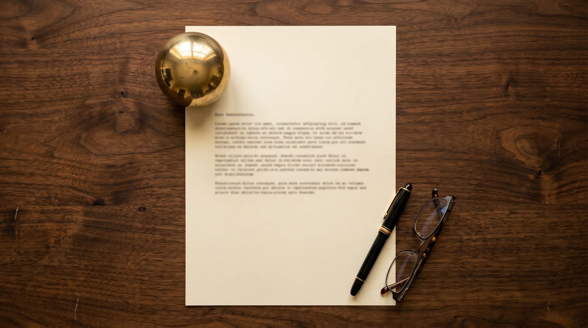 A single typed page held by a brass paperweight on a polished walnut desk with a fountain pen alongside, depicting the four-line vibe-coded shadow AI policy for Fort Wayne managing partners.