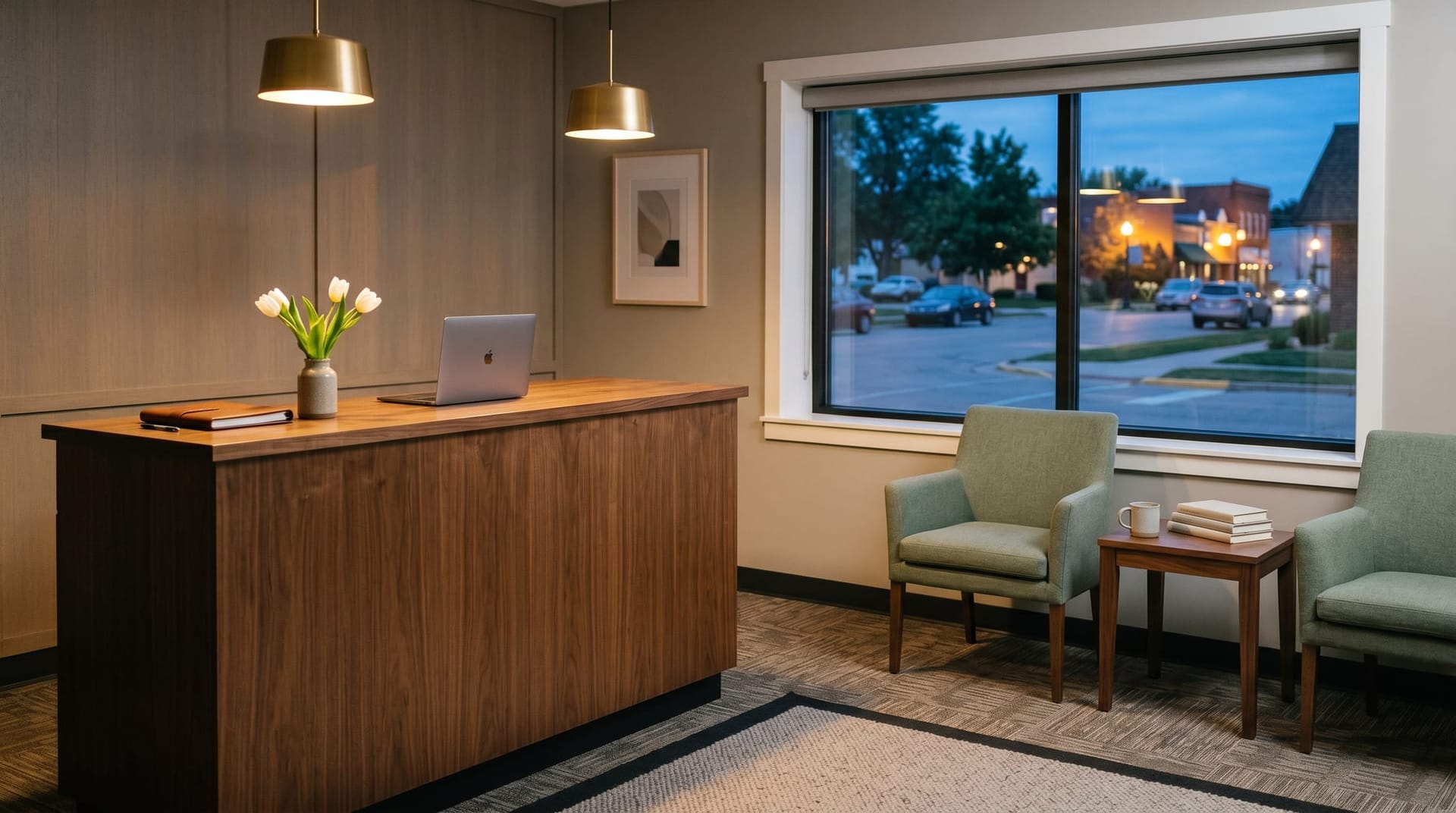 A small downtown Fort Wayne professional office interior at evening with a clean reception desk, a closed laptop, and warm pendant lighting, depicting the sanctioned AI Employee substitute environment.