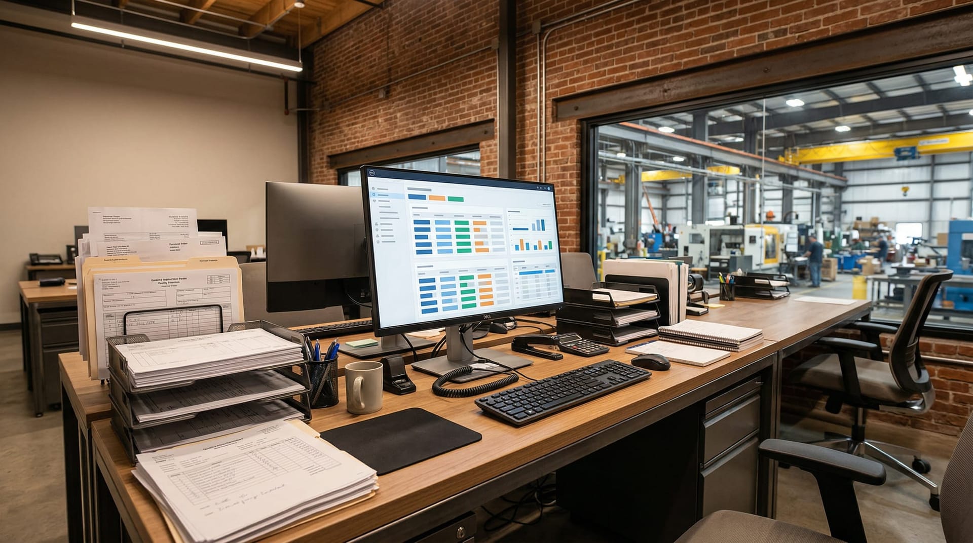 Stacks of paper invoices and manufacturing documents on a desk next to a monitor displaying AI-extracted structured data fields in a modern Fort Wayne office