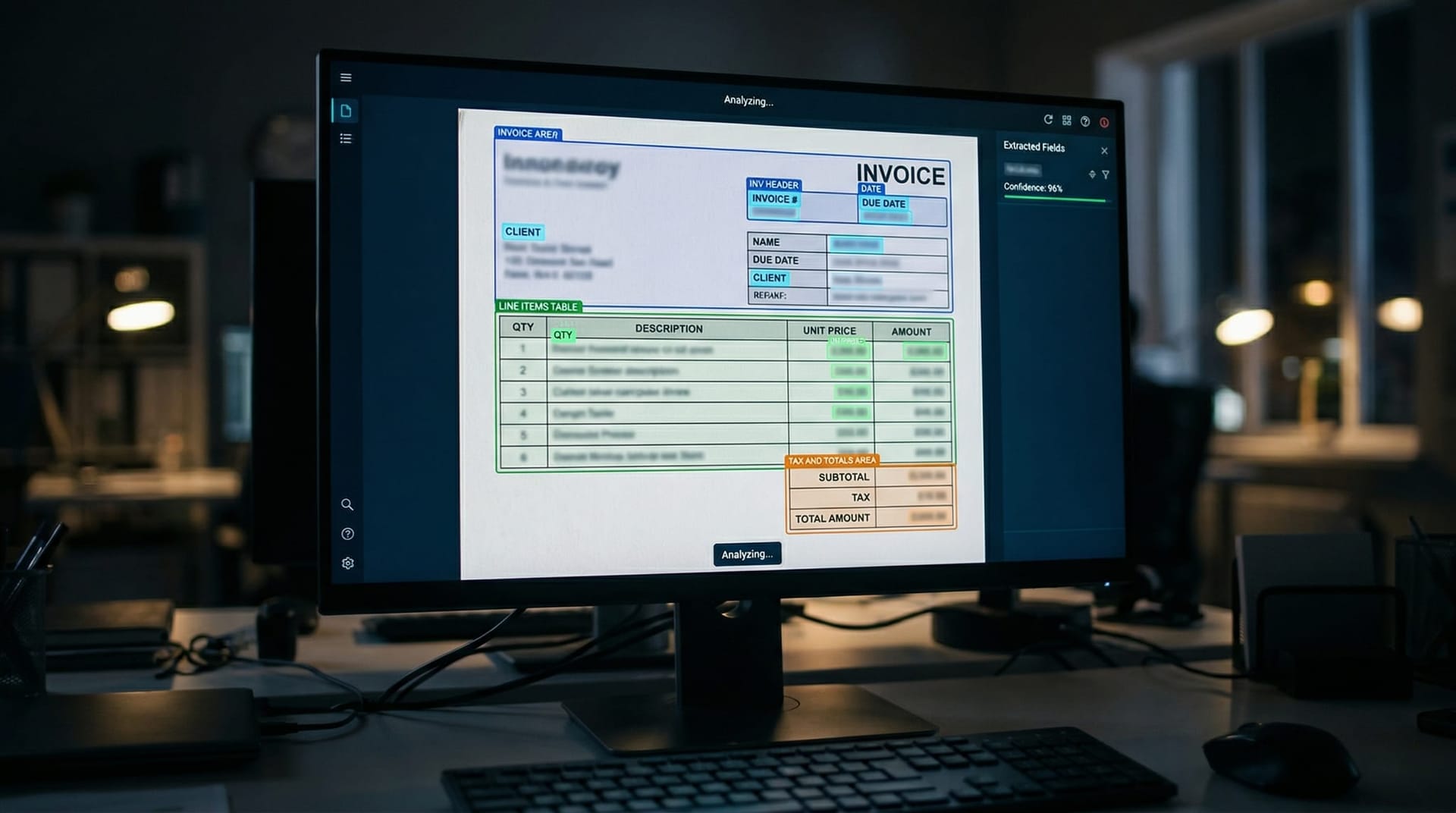 Close-up of a vision AI system analyzing a complex multi-column invoice with highlighted extraction zones showing detected table rows and key-value pairs