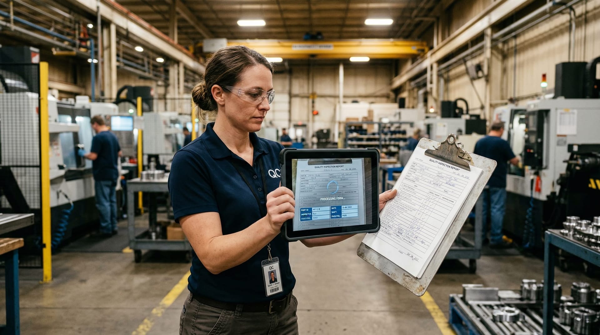 Fort Wayne manufacturing worker photographing a paper quality inspection report with a tablet while AI processes the document data in real time