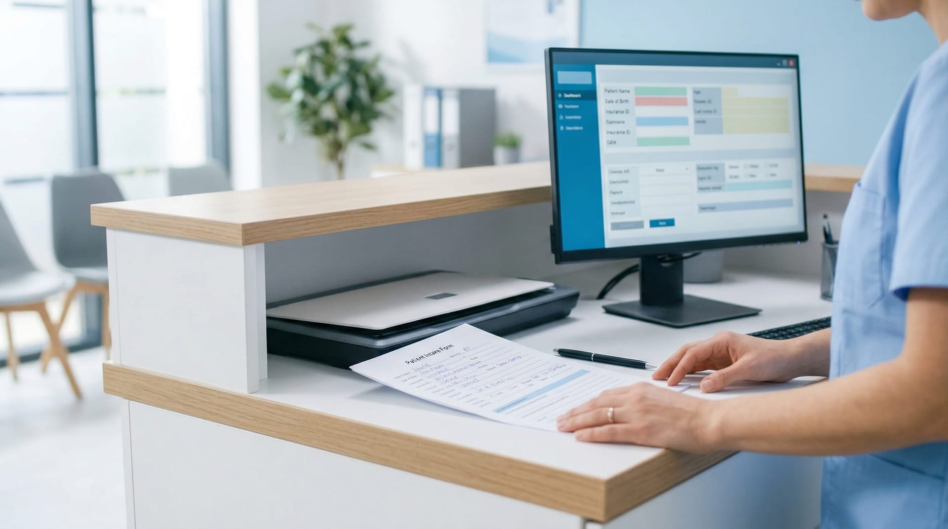 Healthcare receptionist at a Fort Wayne medical clinic with a patient intake form being digitally processed by an AI document extraction system