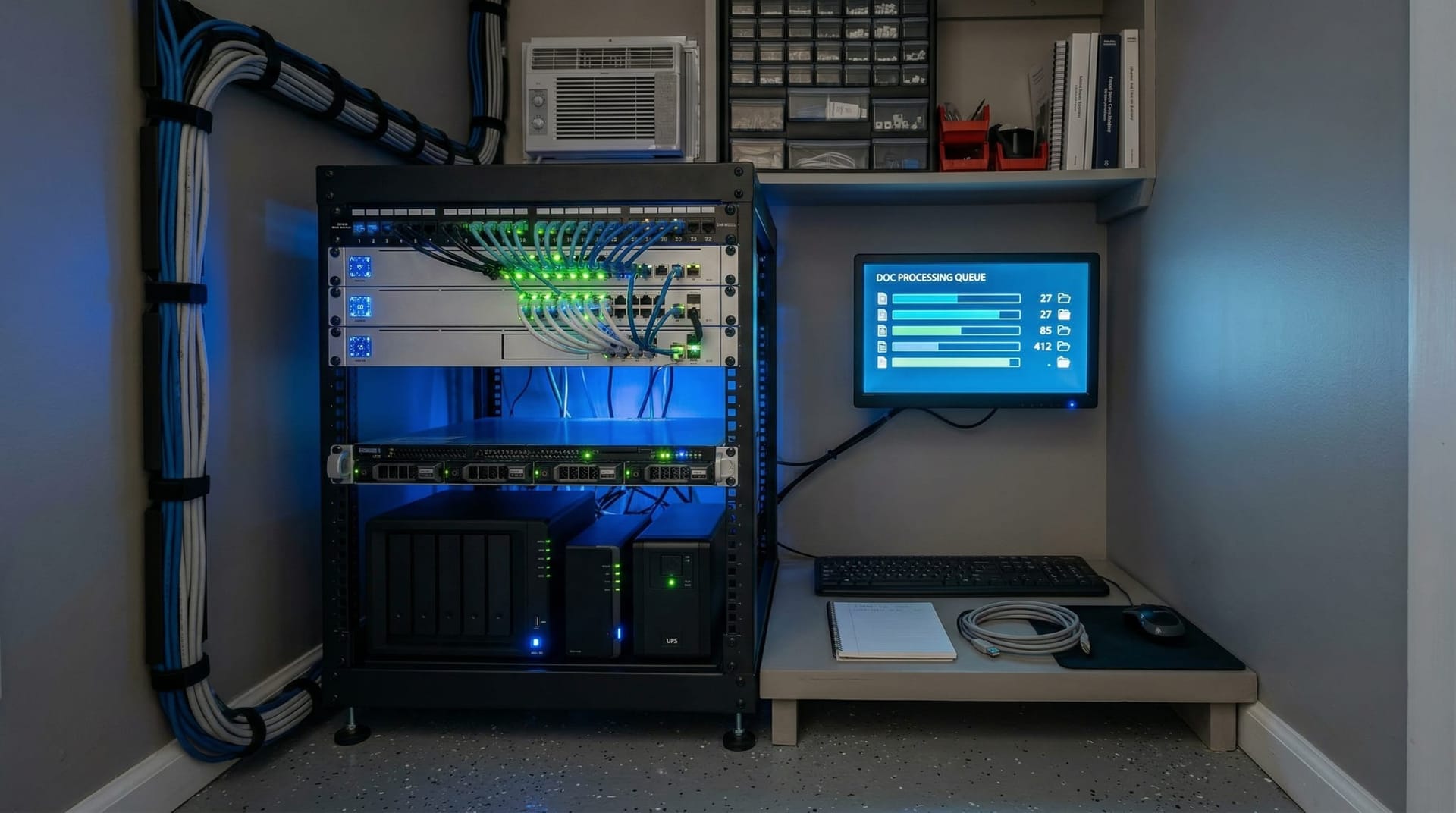 Small server rack in a secure Fort Wayne office closet running local vision AI document processing with status indicators showing active extraction jobs